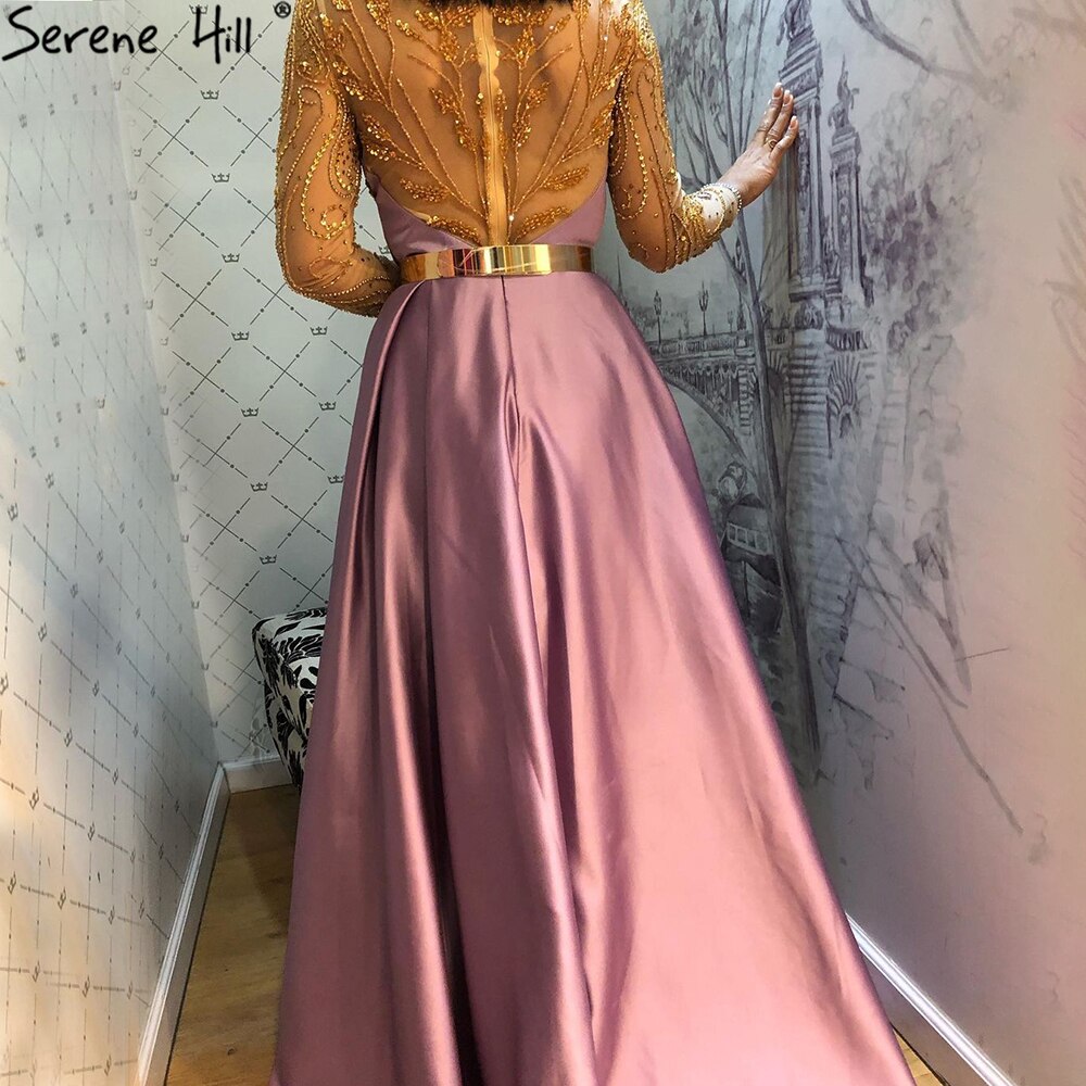 Royal Blue Long Sleeve Satin Evening Dresses Gowns 2025 Beaded Sashes A-Line For Women Party LA71457