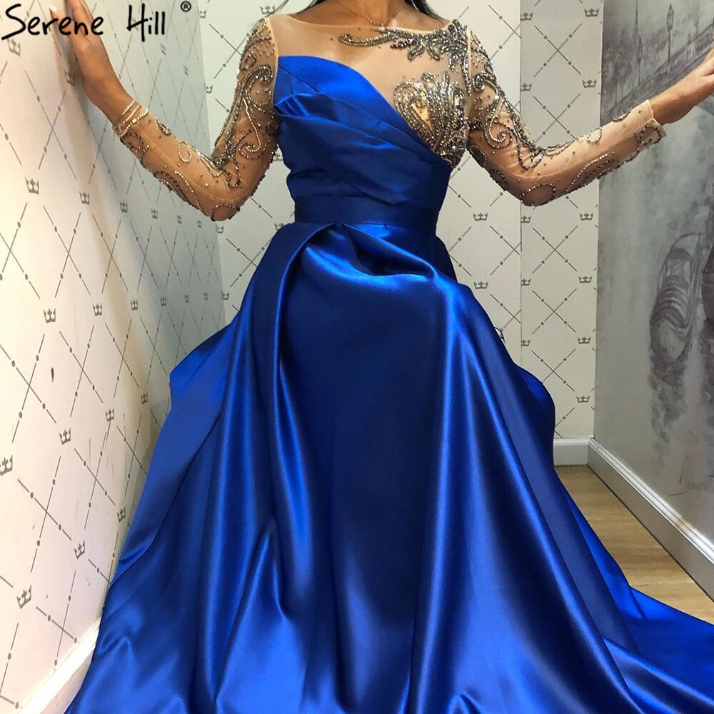 Royal Blau Langarm Satin Abendkleider Kleider 2025 Perlen Schärpen A-Linie Für Frauen Party LA71457