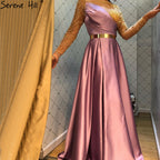 Royal Blau Langarm Satin Abendkleider Kleider 2025 Perlen Schärpen A-Linie Für Frauen Party LA71457