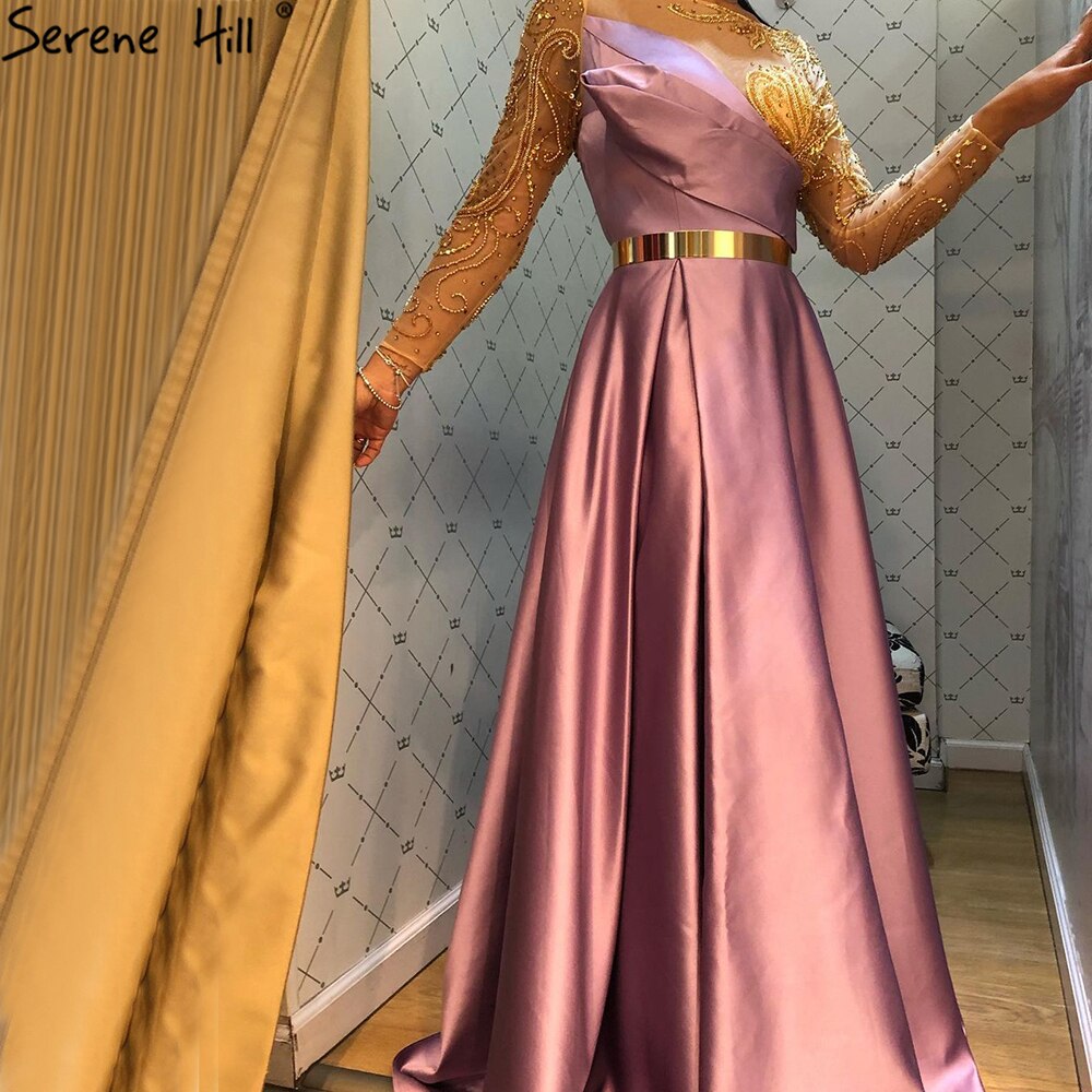 Royal Blue Long Sleeve Satin Evening Dresses Gowns 2025 Beaded Sashes A-Line For Women Party LA71457