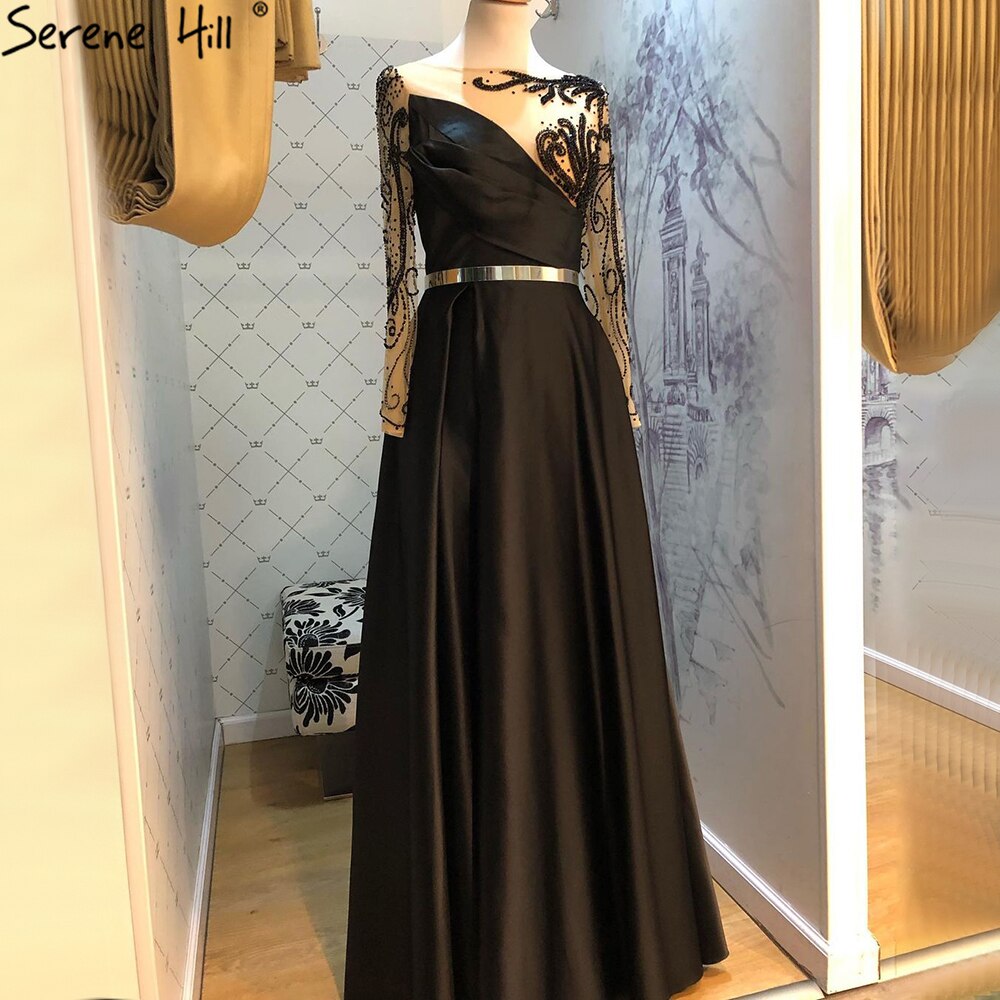 Royal Blau Langarm Satin Abendkleider Kleider 2025 Perlen Schärpen A-Linie Für Frauen Party LA71457
