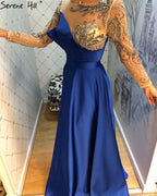 Royal Blau Langarm Satin Abendkleider Kleider 2025 Perlen Schärpen A-Linie Für Frauen Party LA71457