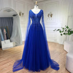 Königsblaues Luxus-Abendkleid aus Dubai mit Cape-Ärmeln LA72315