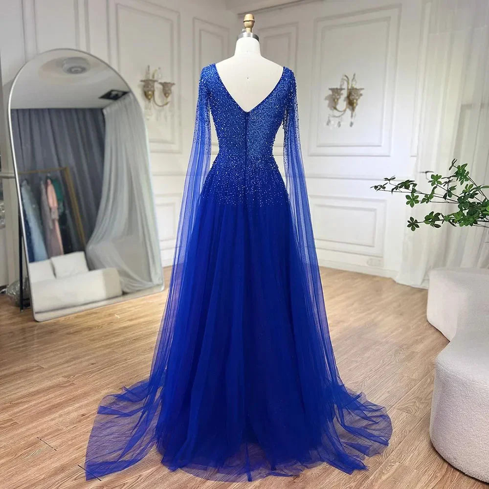 Königsblaues Luxus-Abendkleid aus Dubai mit Cape-Ärmeln LA72315