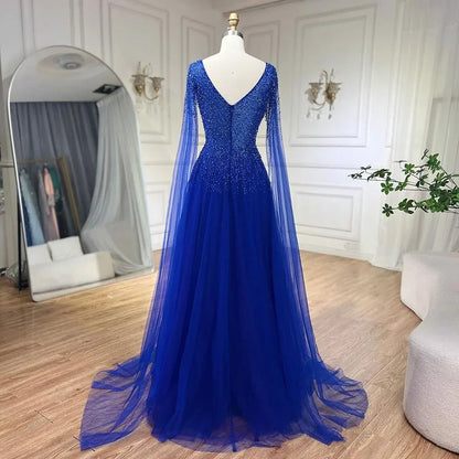 Royal Blue Luxury Dubai Evening Dress with Cape Sleeves LA72315