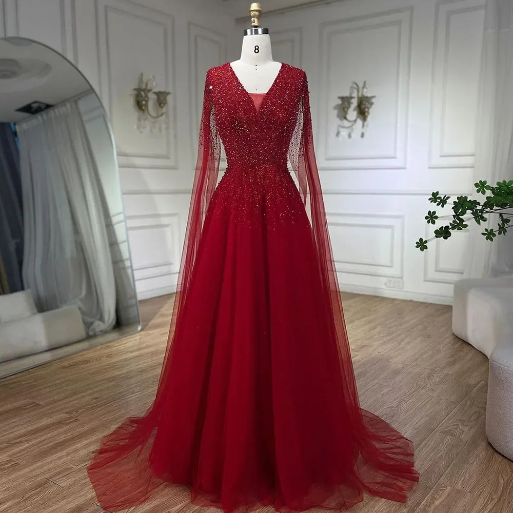 Königsblaues Luxus-Abendkleid aus Dubai mit Cape-Ärmeln LA72315