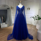 Königsblaues Luxus-Abendkleid aus Dubai mit Cape-Ärmeln LA72315