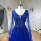 Königsblaues Luxus-Abendkleid aus Dubai mit Cape-Ärmeln LA72315
