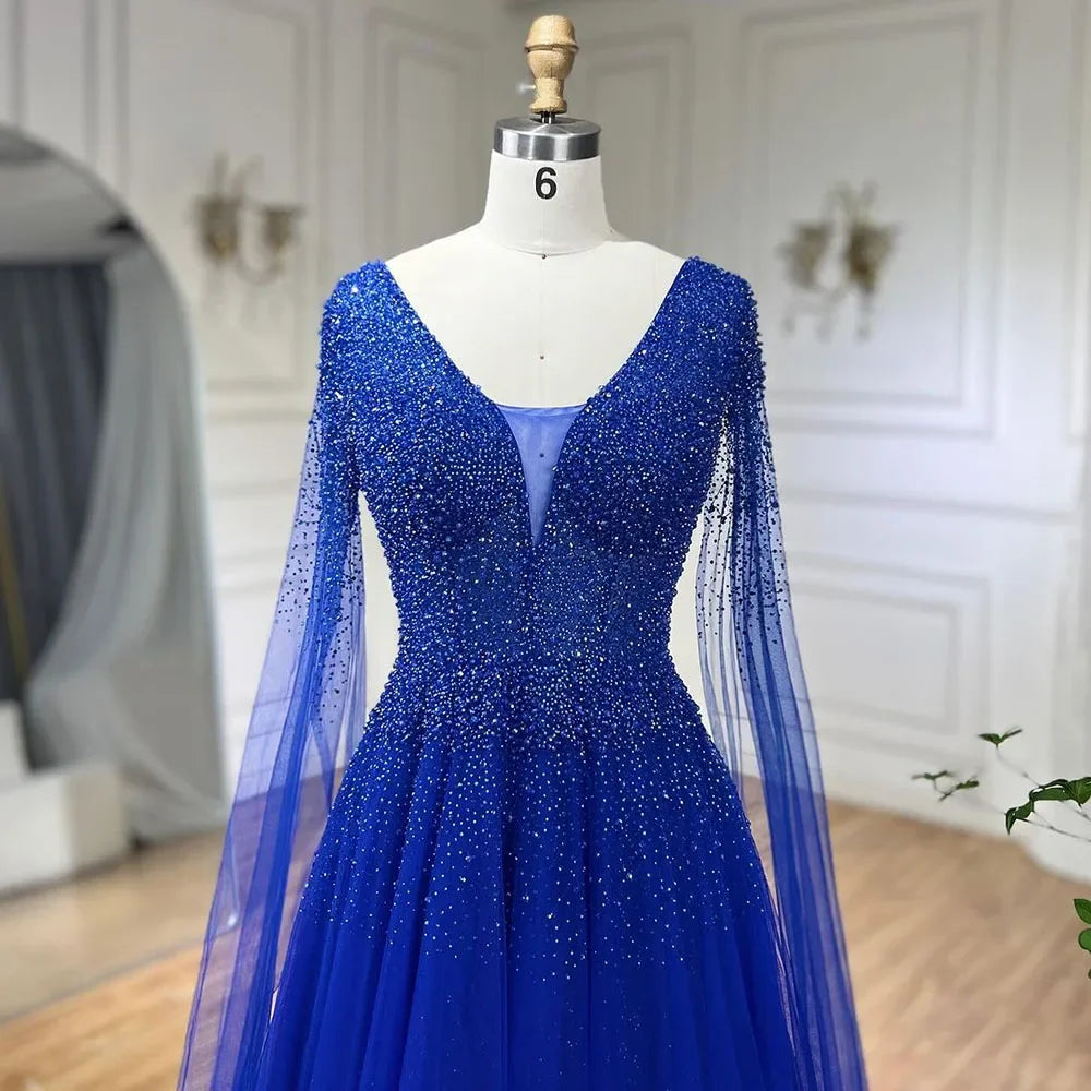 Königsblaues Luxus-Abendkleid aus Dubai mit Cape-Ärmeln LA72315