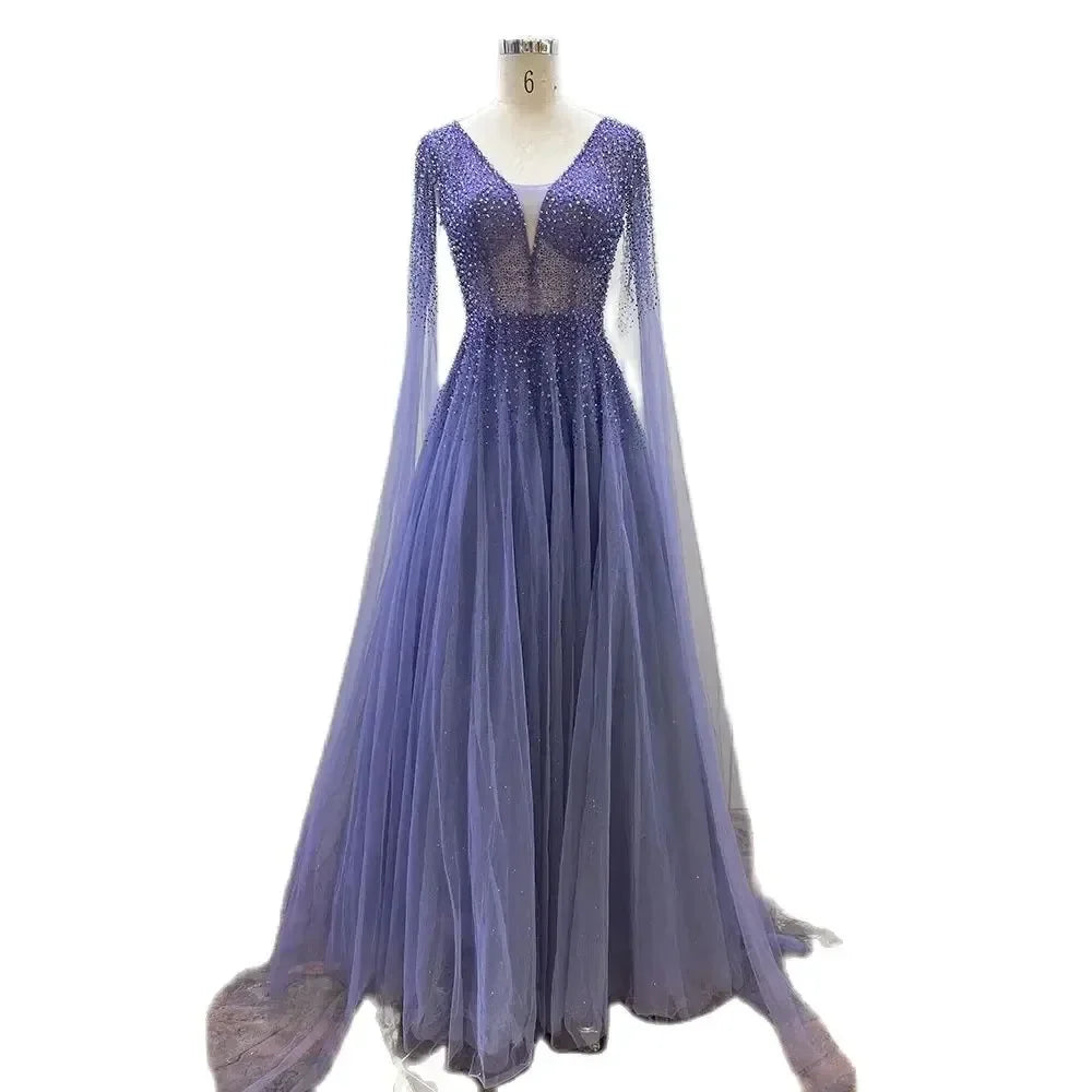 Royal Blue Luxury Dubai Evening Dress with Cape Sleeves LA72315