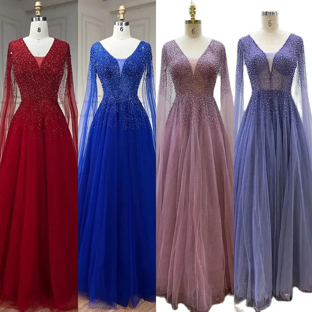 Königsblaues Luxus-Abendkleid aus Dubai mit Cape-Ärmeln LA72315