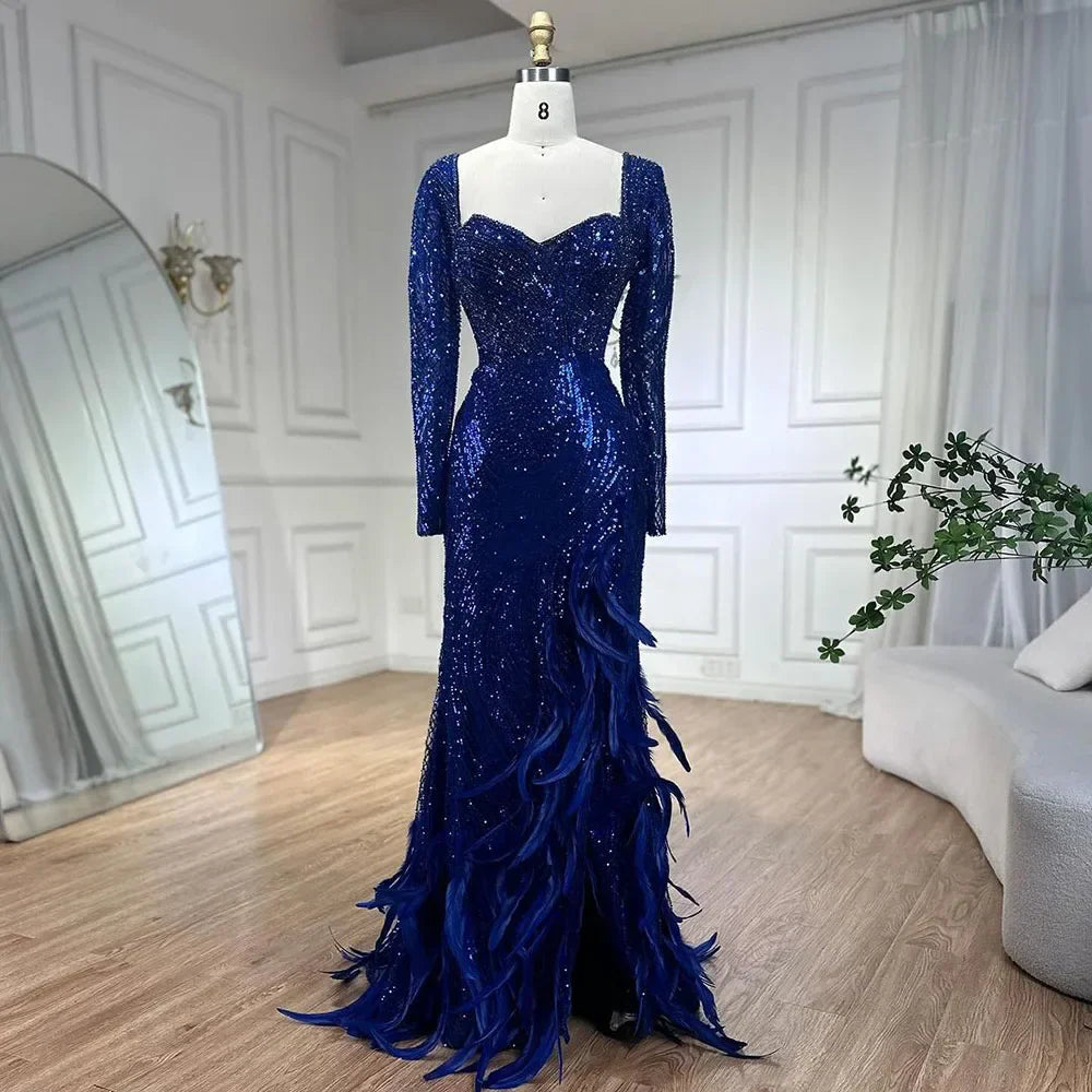 Vestido de noche largo de lujo con cuentas y plumas, sirena azul real, brillante, para mujer, fiesta 2025 LA72387 