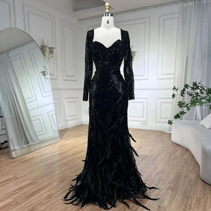 Royal Blue Mermai Sparkle Beaded Luxury Long Evening Dresses Gowns Beaded Feathers for Women Party 2025 LA72387