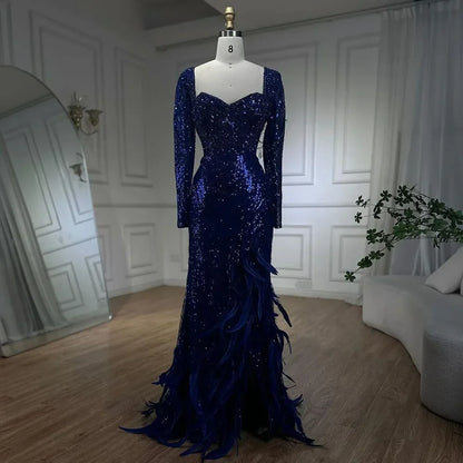 Royal Blue Mermai Sparkle Beaded Luxury Long Evening Dresses Gowns Beaded Feathers for Women Party 2025 LA72387