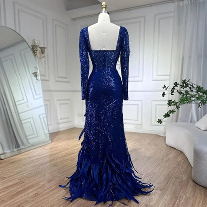 Royal Blue Mermai Sparkle Beaded Luxury Long Evening Dresses Gowns Beaded Feathers for Women Party 2025 LA72387