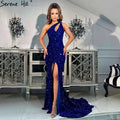 Vestidos de noche de sirena azul real 2025, de lujo, brillantes, con abertura alta, elegantes para mujer, para fiesta LA71316 