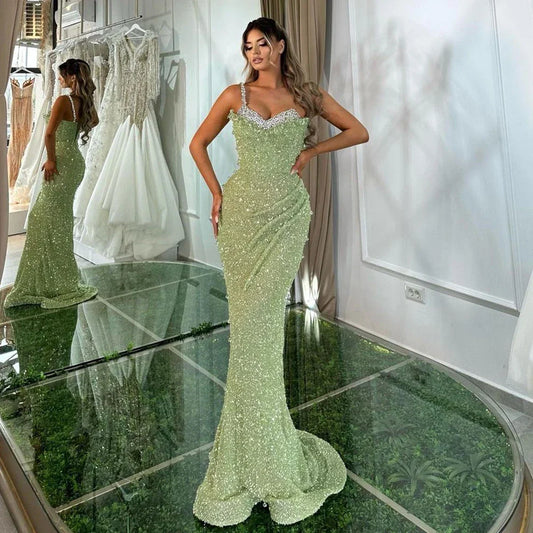 Sage Green Mermaid One Shoulder Beaded Crysal Luxury Dubai Evening Dresses Gowns For Women Party 2025 LA72419