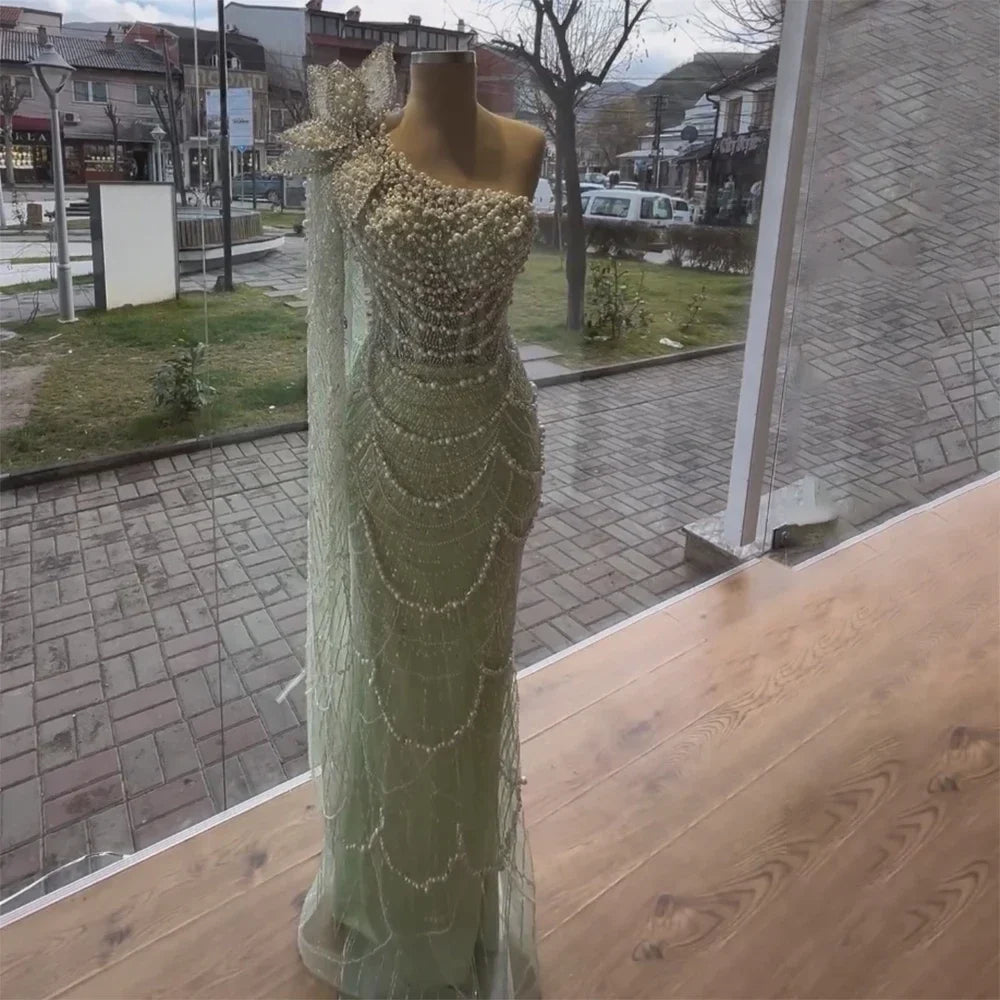 Sage Green Mermaid One Shoulder Pearls Luxury Dubai Arabic Evening Dresses Gowns For Women Wedding Party LA72511