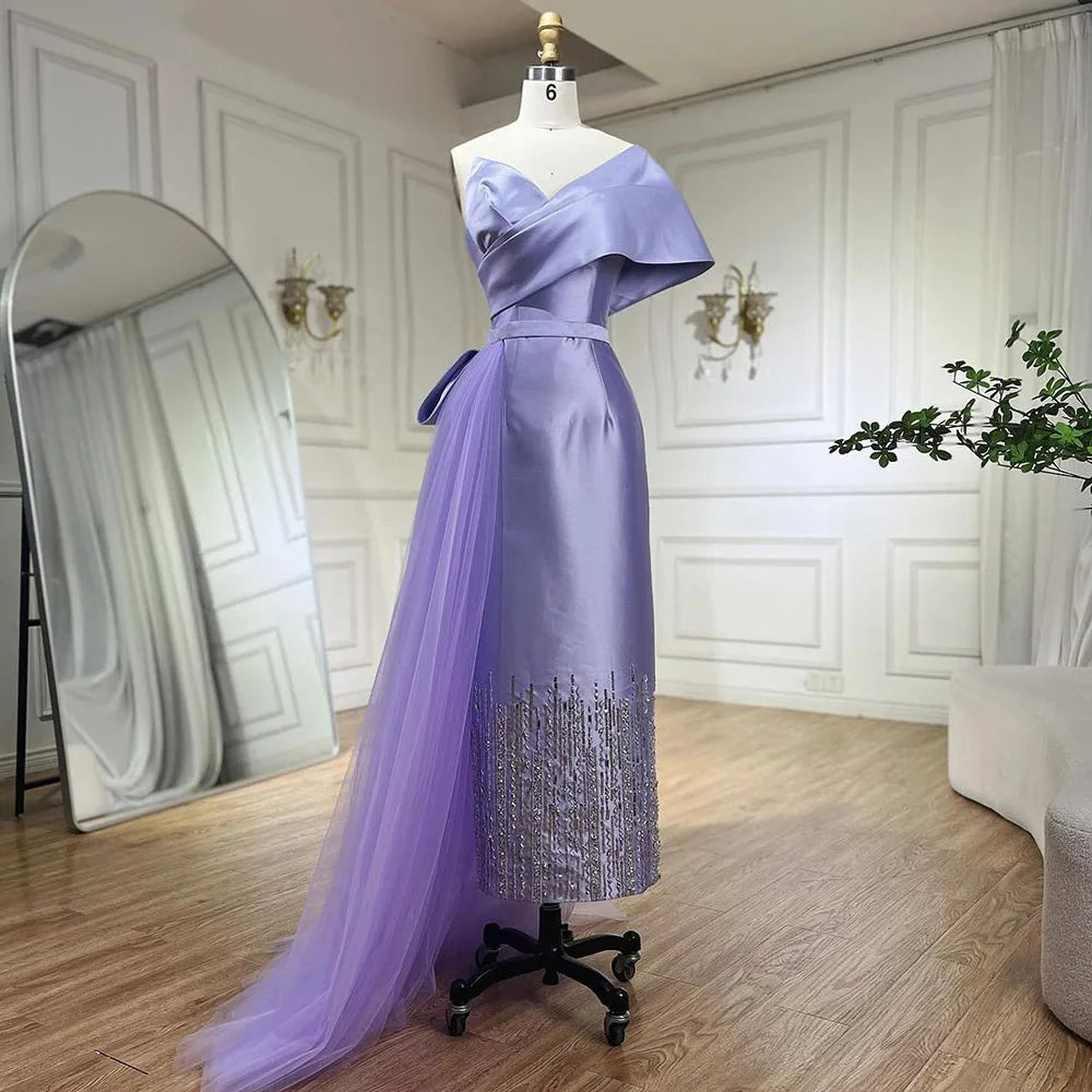 Sage Green Satin One-Shoulder Beaded Mermaid Tea-Length Evening Gown for Women - Wedding Party 2025 LA72194