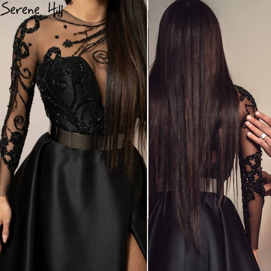 Satin Black A-Line Evening Dresses Gowns 2025 Beading Sashes Sexy For Woman Party  LA71139