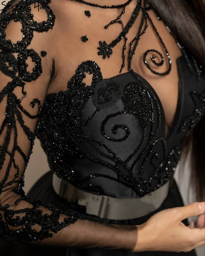 Satin Black A-Line Evening Dresses Gowns 2025 Beading Sashes Sexy For Woman Party  LA71139