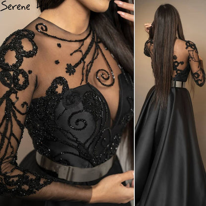 Satin Black A-Line Evening Dresses Gowns 2025 Beading Sashes Sexy For Woman Party  LA71139