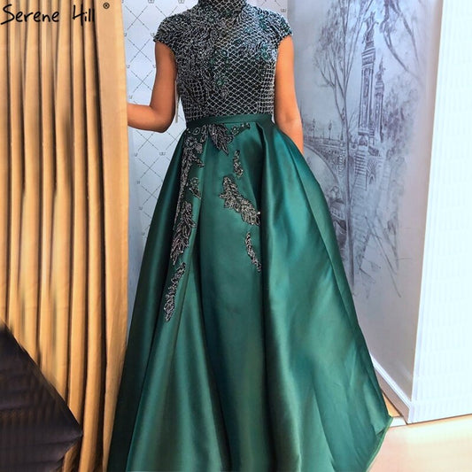 Satin Green A-Line Beading  Evening Gowns 2025 Dubai High Collar Cap Sleeves Formal Dress Design LA70761