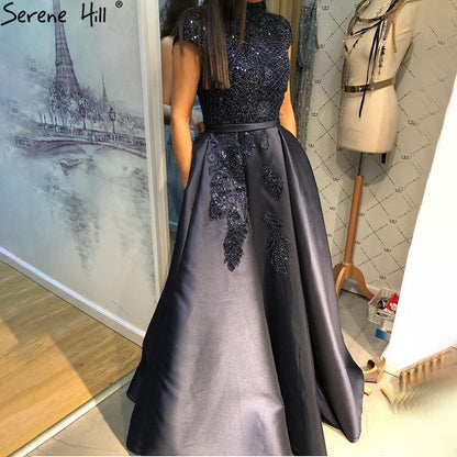 Satin Green A-Line Beading  Evening Gowns 2025 Dubai High Collar Cap Sleeves Formal Dress Design LA70761