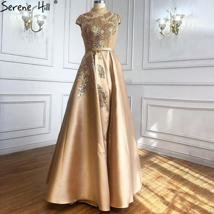 Satin Green A-Line Beading  Evening Gowns 2025 Dubai High Collar Cap Sleeves Formal Dress Design LA70761