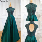 Satin Green A-Line Beading  Evening Gowns 2025 Dubai High Collar Cap Sleeves Formal Dress Design LA70761