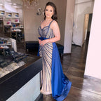 Vestido de fiesta árabe de lujo con escote corazón y cuentas, falda desmontable de sirena azul sexy, vestido formal de noche para mujer 2025 LA71786 