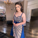 Vestido de fiesta árabe de lujo con escote corazón y cuentas, falda desmontable de sirena azul sexy, vestido formal de noche para mujer 2025 LA71786 