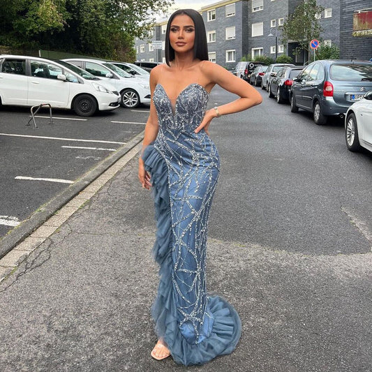Sexy Blue Strapless Elegant Arabic Evening Dresses Gowns Mermaid Luxury  Beaded 2025 For Women Party LA71760
