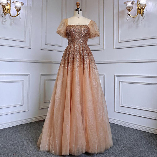 Vestidos de noche sexys dorados de corte A, de lujo, con cuentas brillantes y encaje, para mujer, fiesta, LA71153A 