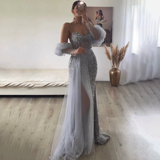 Vestido de noche sexy de sirena con mangas globo y tirantes finos, color gris, con cuentas y abertura alta, LA71571A, 2025 