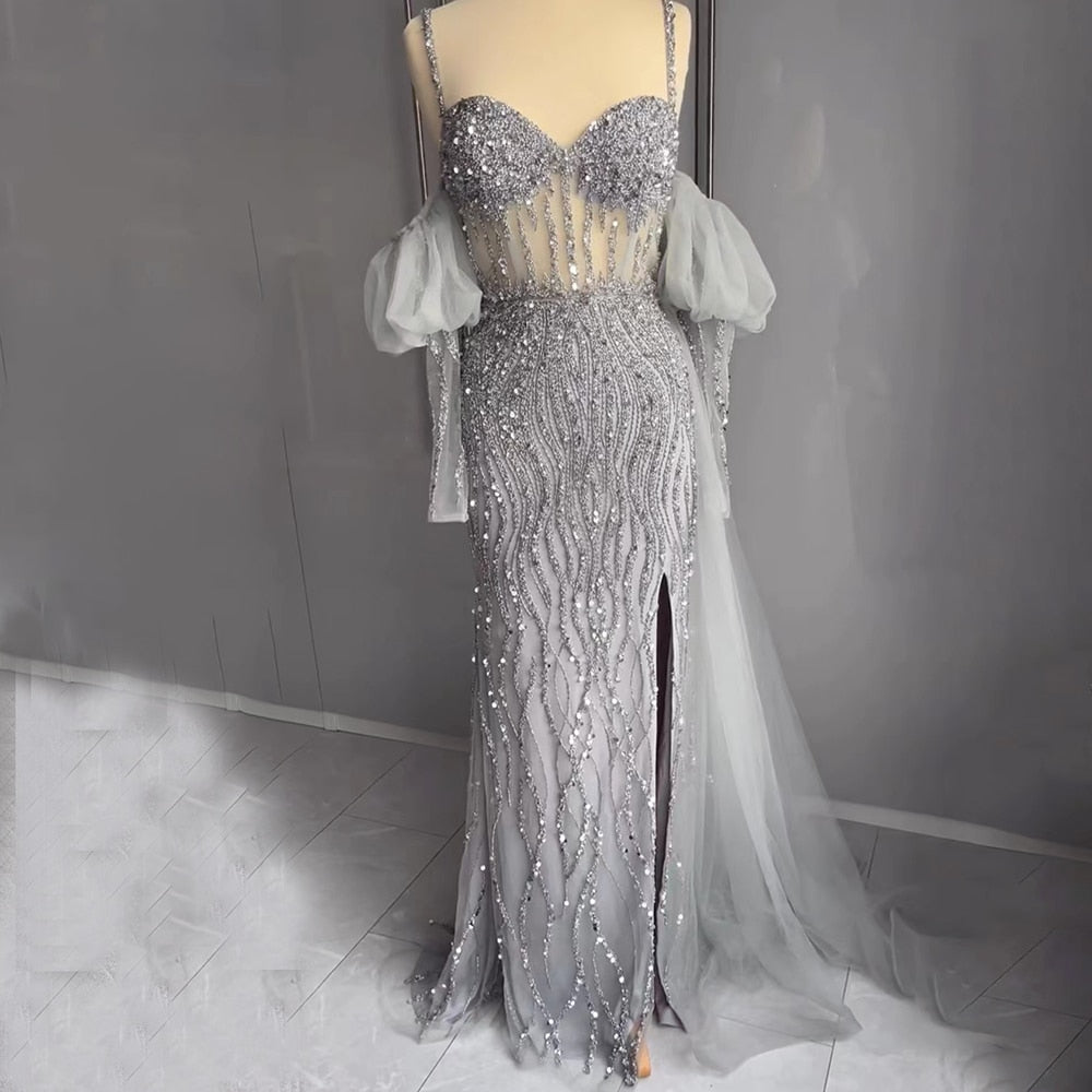 Vestido de noche sexy de sirena con mangas globo y tirantes finos, color gris, con cuentas y abertura alta, LA71571A, 2025 