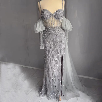 Vestido de noche sexy de sirena con mangas globo y tirantes finos, color gris, con cuentas y abertura alta, LA71571A, 2025 