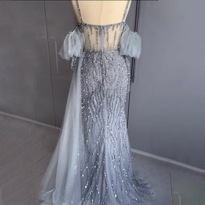 Vestido de noche sexy de sirena con mangas globo y tirantes finos, color gris, con cuentas y abertura alta, LA71571A, 2025 