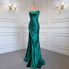 Vestido de noche árabe de satén verde sexy con un solo hombro, corte sirena, elegante y de lujo, con cuentas, para mujer, fiesta, LA71739 