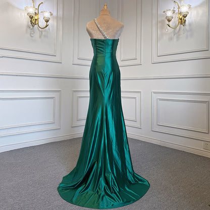 Vestido de noche árabe de satén verde sexy con un solo hombro, corte sirena, elegante y de lujo, con cuentas, para mujer, fiesta, LA71739 