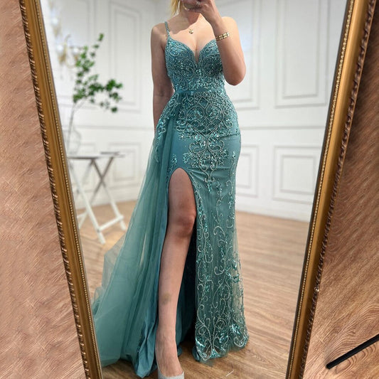 Vestido de noche árabe sexy con tirantes finos verdes y abertura alta, estilo sirena con cuentas, para mujer, fiesta, LA71568 