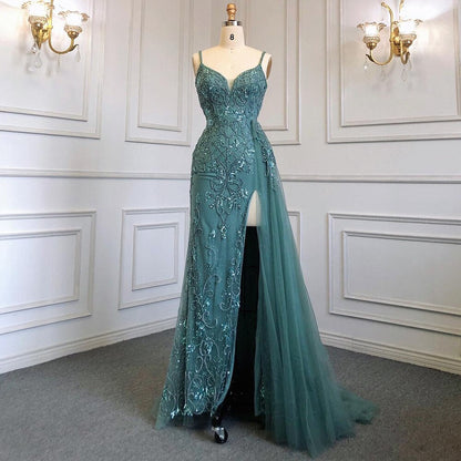 Vestido de noche árabe sexy con tirantes finos verdes y abertura alta, estilo sirena con cuentas, para mujer, fiesta, LA71568 