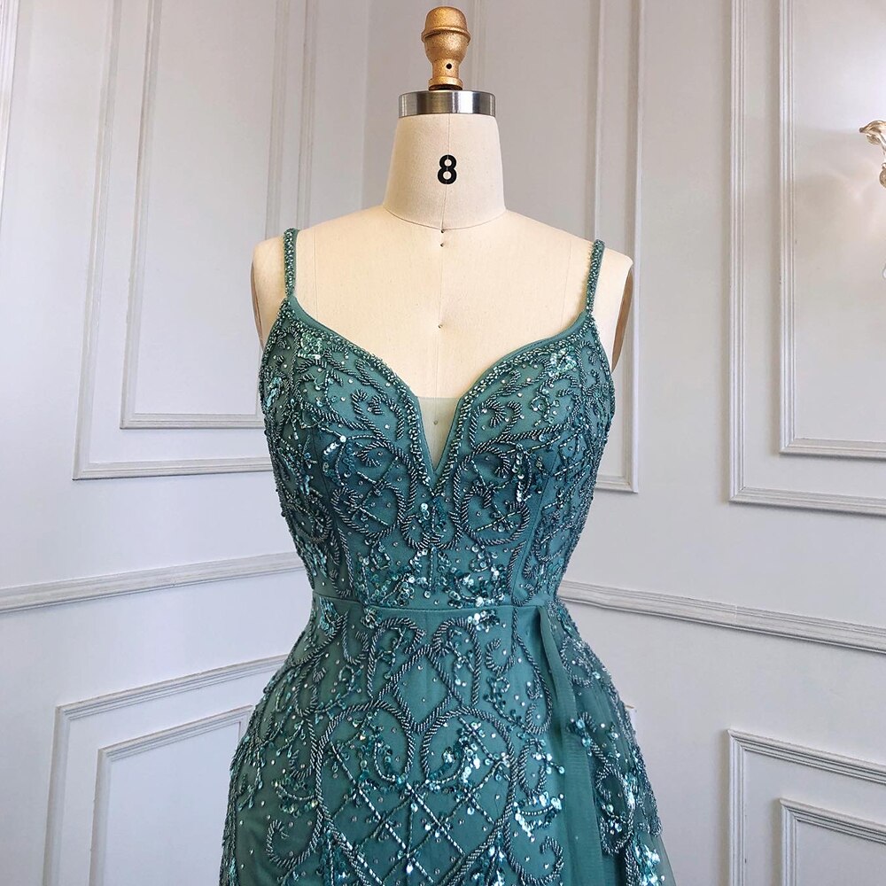 Vestido de noche árabe sexy con tirantes finos verdes y abertura alta, estilo sirena con cuentas, para mujer, fiesta, LA71568 