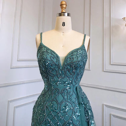 Vestido de noche árabe sexy con tirantes finos verdes y abertura alta, estilo sirena con cuentas, para mujer, fiesta, LA71568 