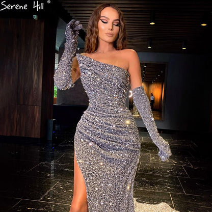 Sexy Meerjungfrau Silber Luxus Mit Abnehmbaren Ärmeln Split Elegante Abendkleider Für Frauen Party LA70954 