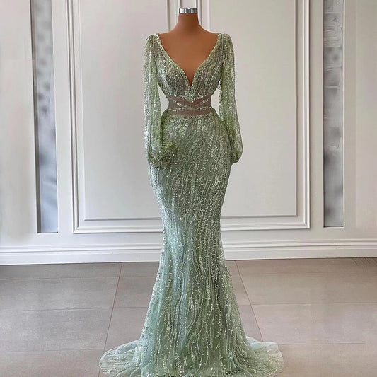 Sexy Mint Mermaid Elegante V-ausschnitt Perlen Luxus Arabisch Shiny Abendkleider Kleider Für Frauen Party 2025 LA71784 