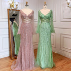 Sexy Mint Mermaid Elegante V-ausschnitt Perlen Luxus Arabisch Shiny Abendkleider Kleider Für Frauen Party 2025 LA71784 