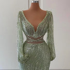 Sexy Mint Mermaid Elegante V-ausschnitt Perlen Luxus Arabisch Shiny Abendkleider Kleider Für Frauen Party 2025 LA71784 