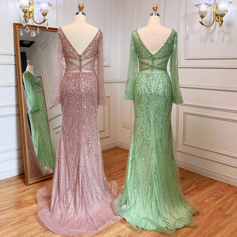 Sexy Mint Mermaid Elegante V-ausschnitt Perlen Luxus Arabisch Shiny Abendkleider Kleider Für Frauen Party 2025 LA71784 