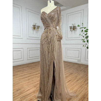Sexy Eine Schulter Split Mint Mermaid Perlen Arabisch Abendkleider Kleider Für Frau Hochzeit Party 2025 LA71859 